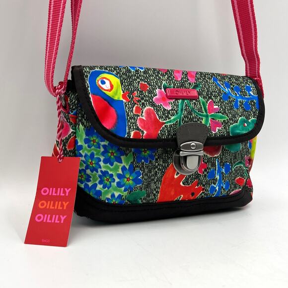 Oilily Small Shoulder Bag Crossbody Floral Print Vegan Colorful Gray Fabric - Picture 5 of 11
